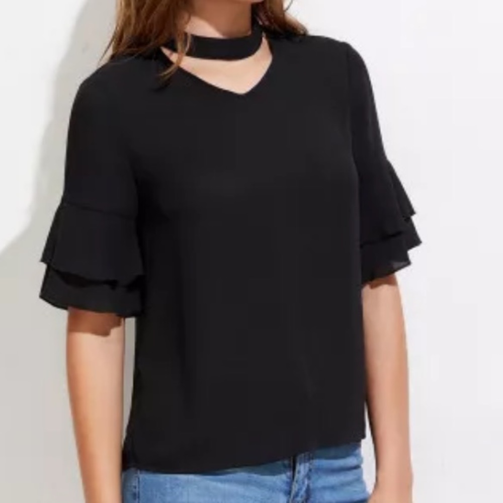 Black choker neck fluted sleeve top
